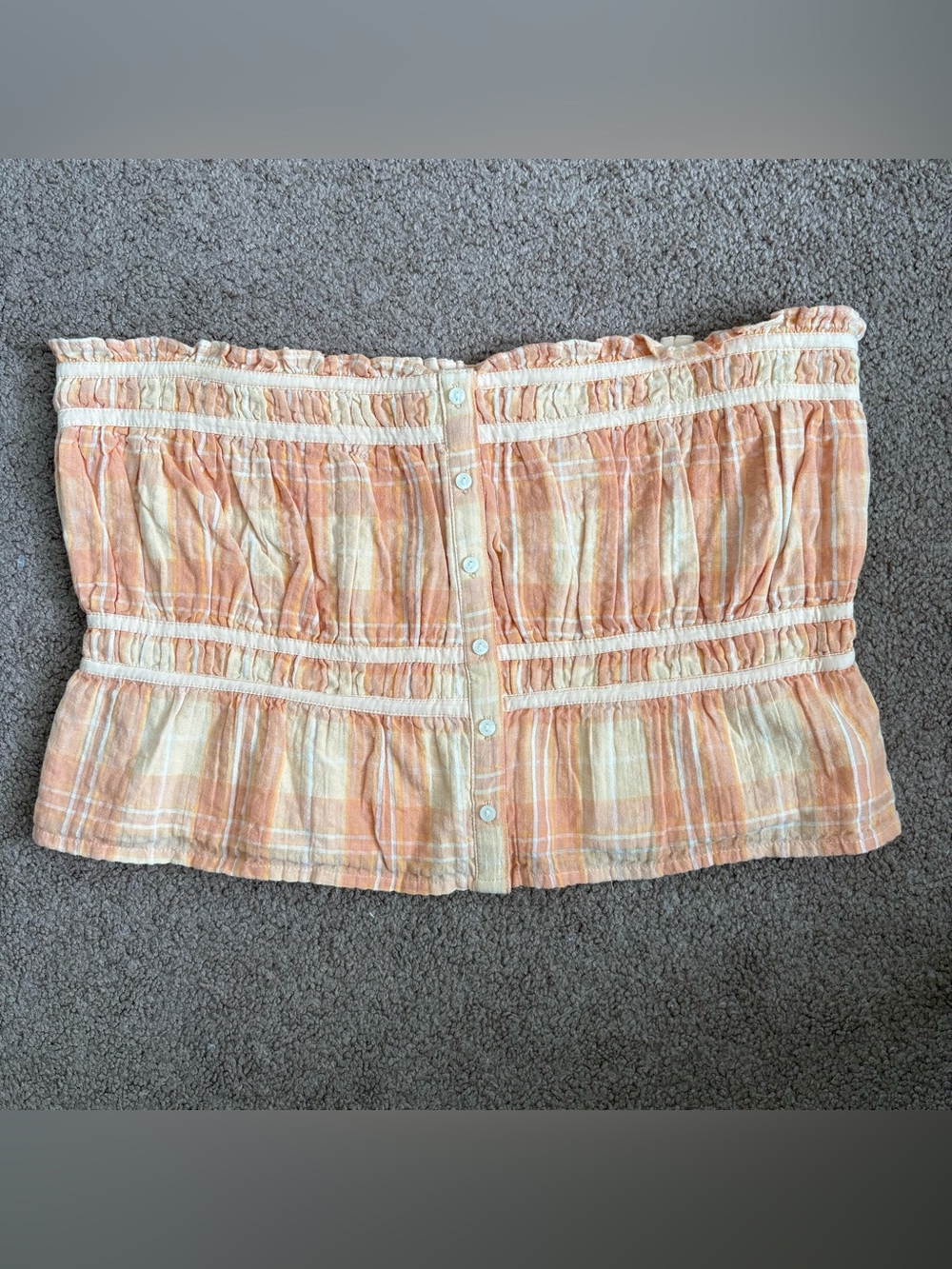 American Eagle Peach Cream Plaid Smocked Strapless Ruffle Hem Tube Top Women’s L